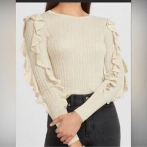 Express - Gold Sparkle Ruffle Sleeve Sweater Women’s Size Small P